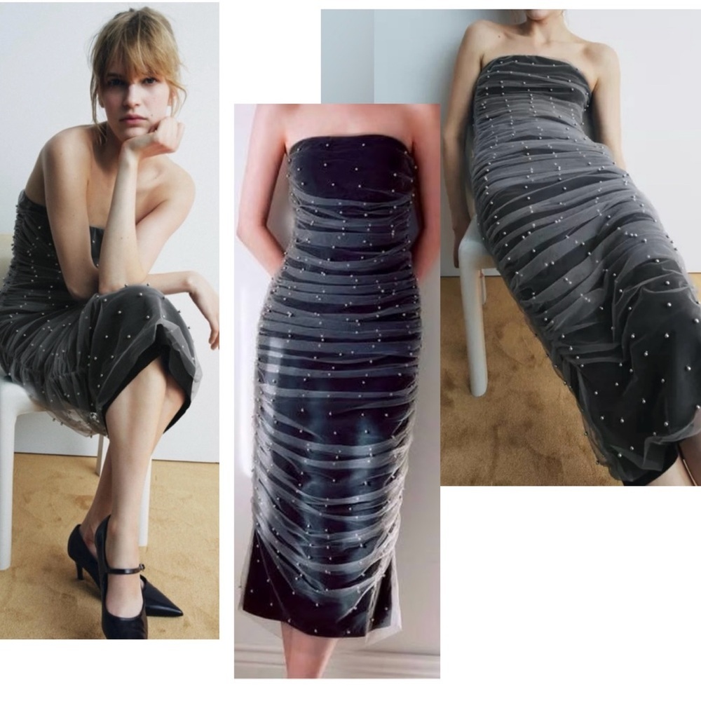 Zara gray strapless gathered draped ruched mesh tulle pearl embellished dress L - Picture 3 of 15